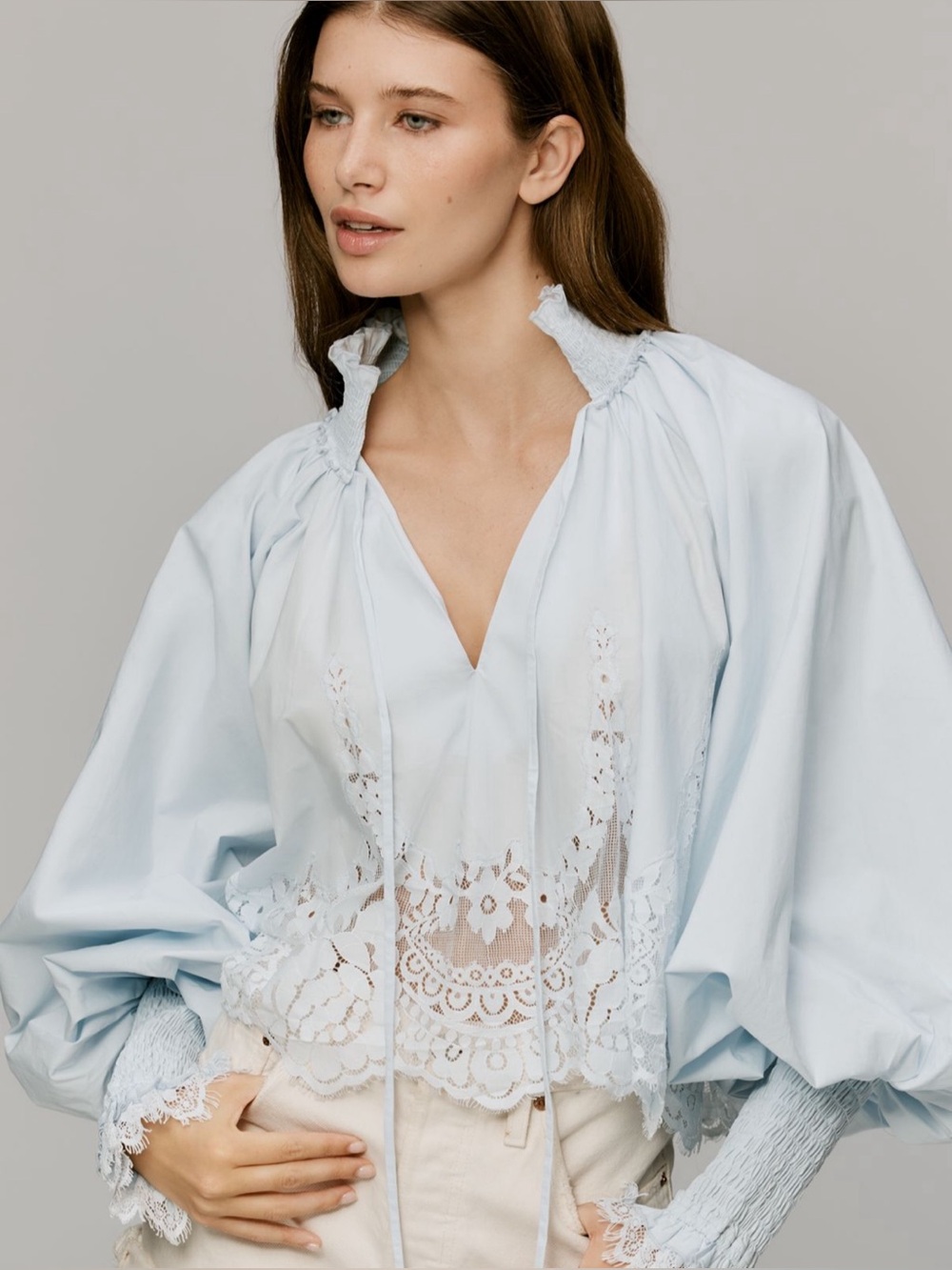 Mare mare Lace Trimmed Balloon-Sleeve Blouse Blue size medium